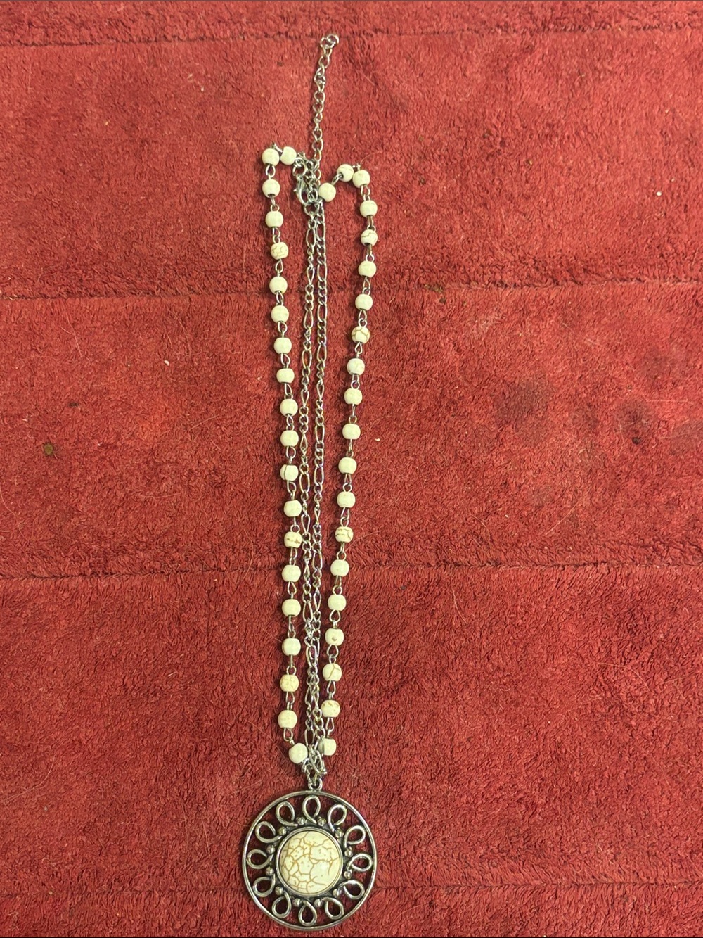 Silver-Tone Necklace with Cream Beaded Chain and Round Pendant